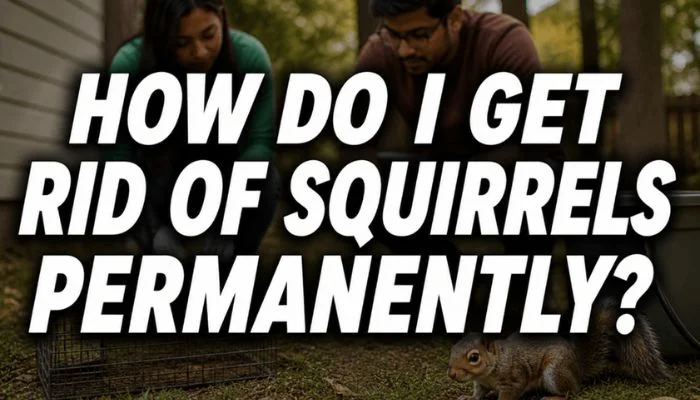 how do I get rid of squirrels permanently feature image with a couple setting a trap and a squirrel in the yard