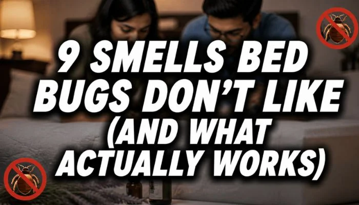 9 smells bed bugs don’t like feature image with couple inspecting mattress and crossed-out bed bug icons
