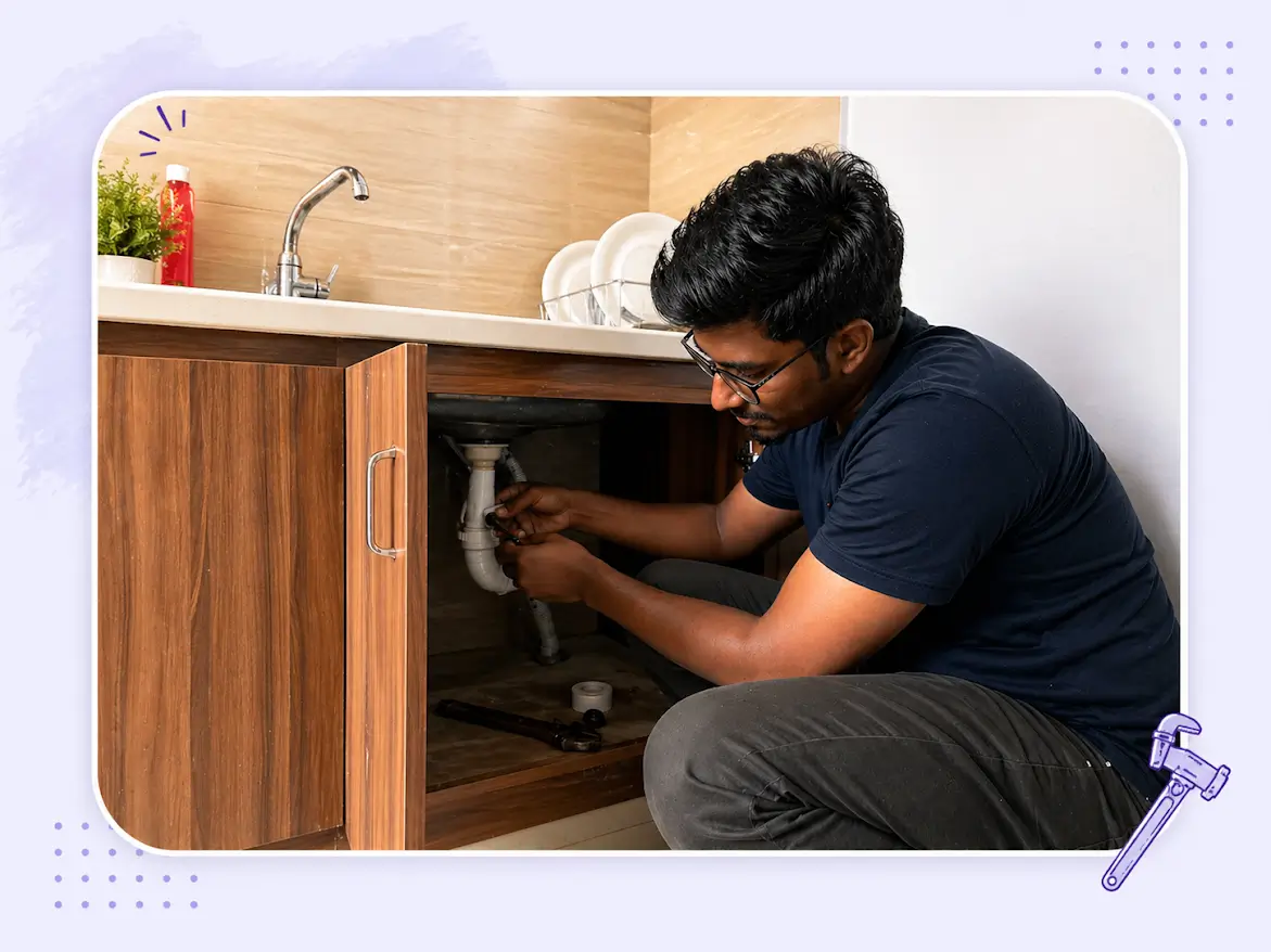 Person repairing kitchen sink drain pipe under cabinet using tools in a modern home kitchen