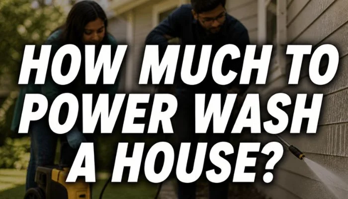 how much to power wash a house feature image with couple using pressure washer on home exterior siding