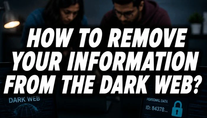how to remove your information from the dark web feature image with large text overlay and cybersecurity visuals on screens