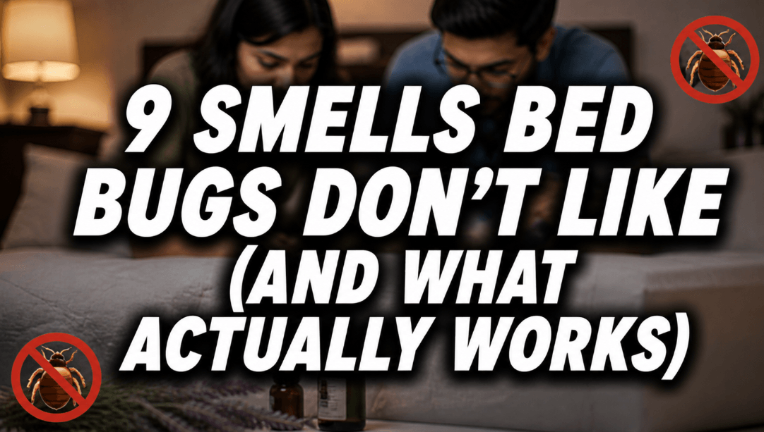 9 smells bed bugs don’t like feature image with couple inspecting mattress and crossed-out bed bug icons