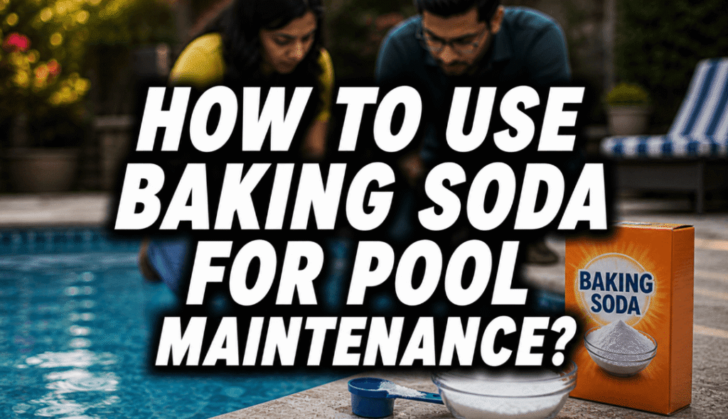 how to use baking soda for pool maintenance feature image with couple by pool and baking soda box with measuring scoop