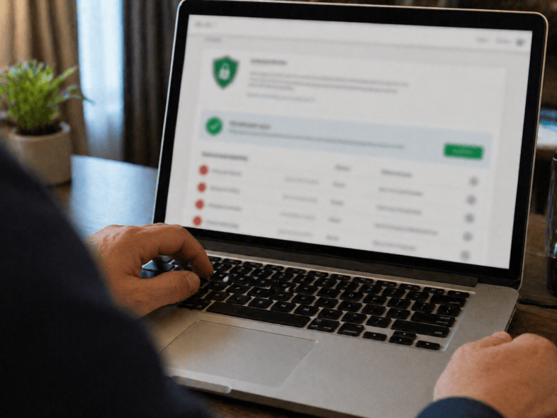 person checking a laptop security dashboard showing blurred threat alerts