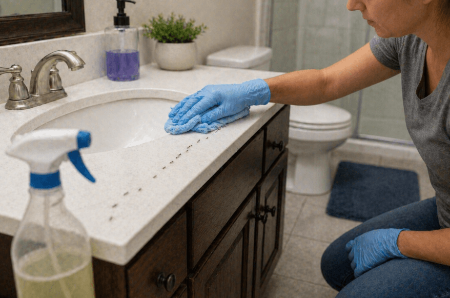 person cleaning an ant trail on the bathroom sink counter with a cloth and spray cleaner