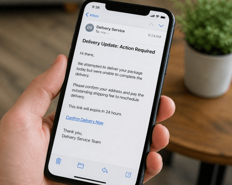 phishing email on smartphone showing fake delivery update message with suspicious payment link