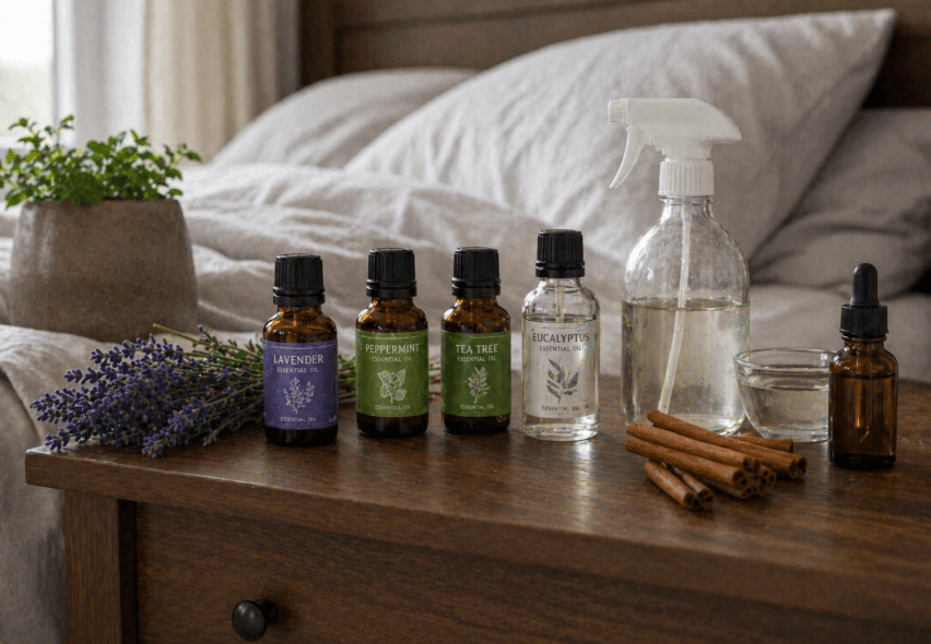 natural bed bug repellent ingredients with essential oils, a spray bottle, and cinnamon on the bedroom nightstand