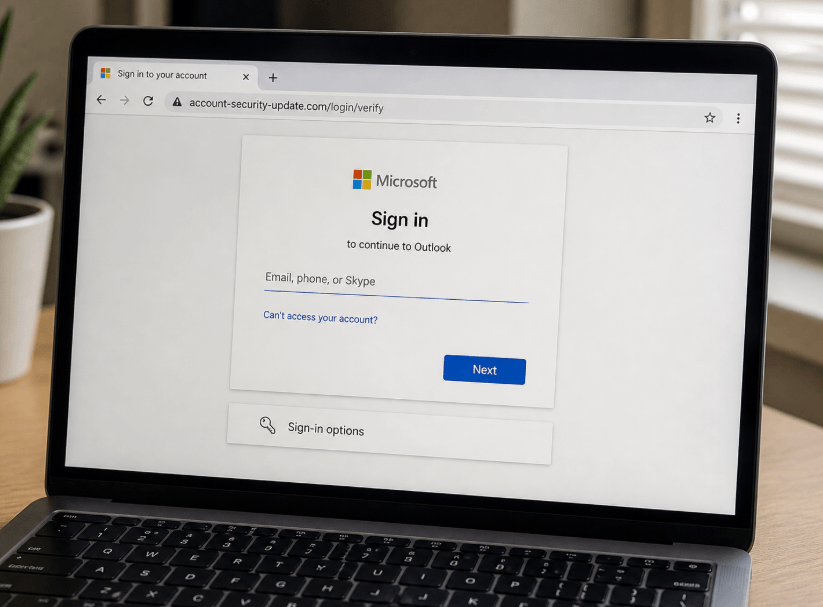 fake Microsoft login page on laptop showing phishing website URL attempting to steal user credentials