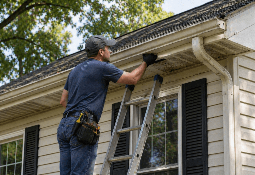 person cleaning house gutters from ladder beside roof edge and downspout 