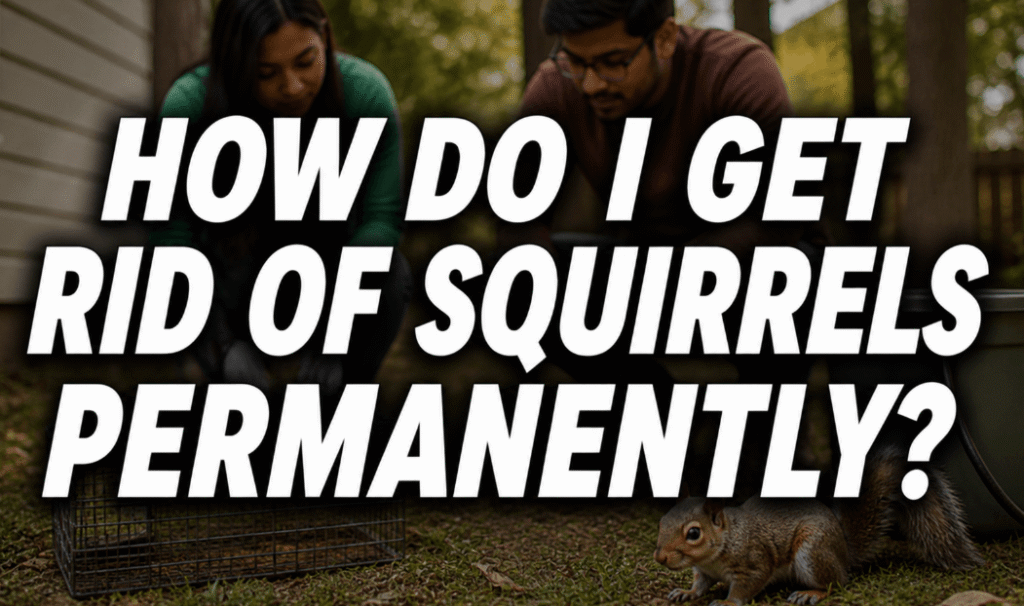 how do I get rid of squirrels permanently feature image with a couple setting a trap and a squirrel in the yard