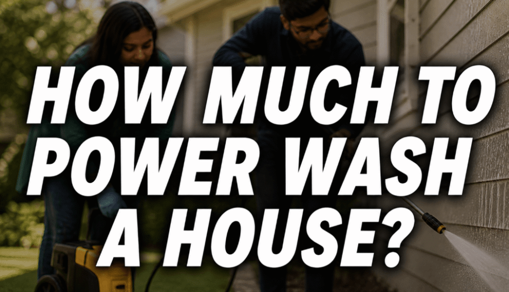 how much to power wash a house feature image with couple using pressure washer on home exterior siding