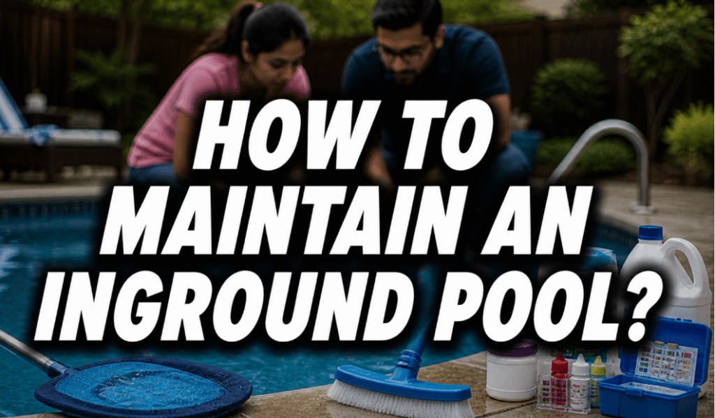 how to maintain an inground pool feature image with a couple of testing water and pool cleaning supplies by the poolside