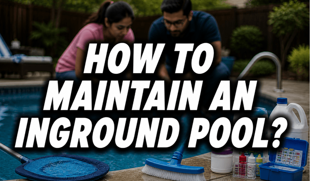 how to maintain an inground pool feature image with a couple of testing water and pool cleaning supplies by the poolside