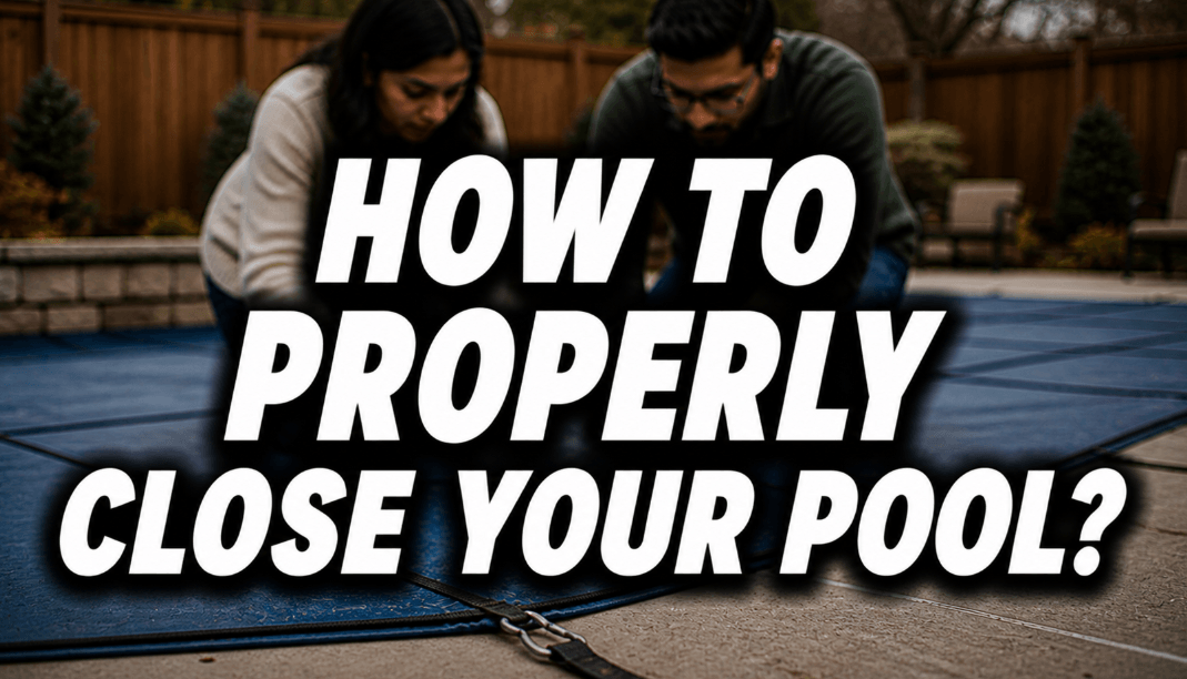 how to properly close your pool feature image with a couple securing a pool cover outdoors
