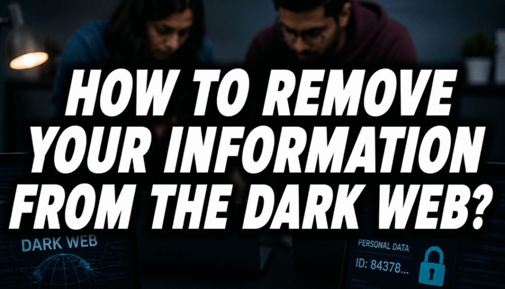 how to remove your information from the dark web feature image with large text overlay and cybersecurity visuals on screens