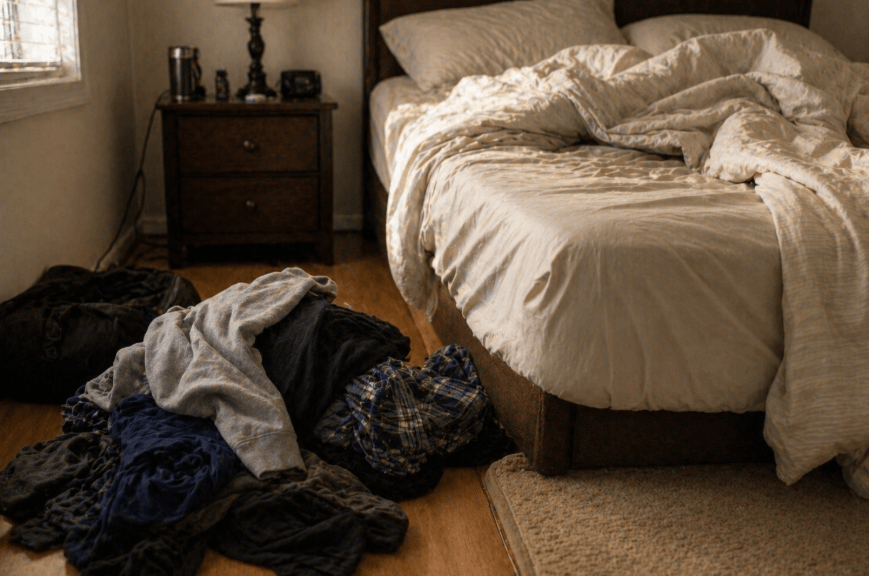pile of dirty clothes on bedroom floor beside unmade bed and nightstand
