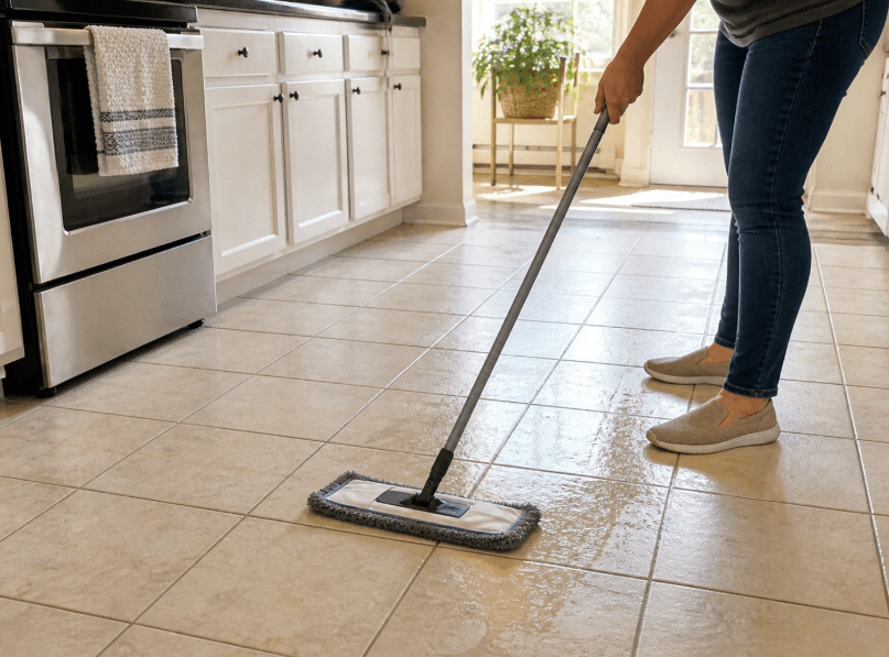 person mopping ceramic tile floor in kitchen with a flat mop and cleaning solution