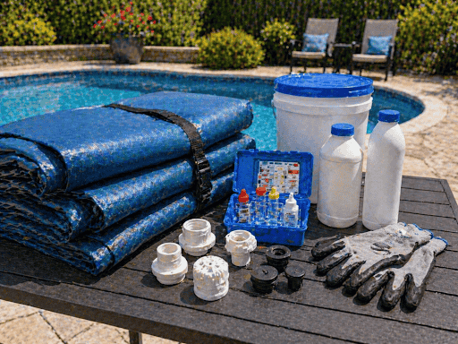 pool winterizing supplies including cover, chemicals, test kit, fittings, and gloves beside a backyard pool