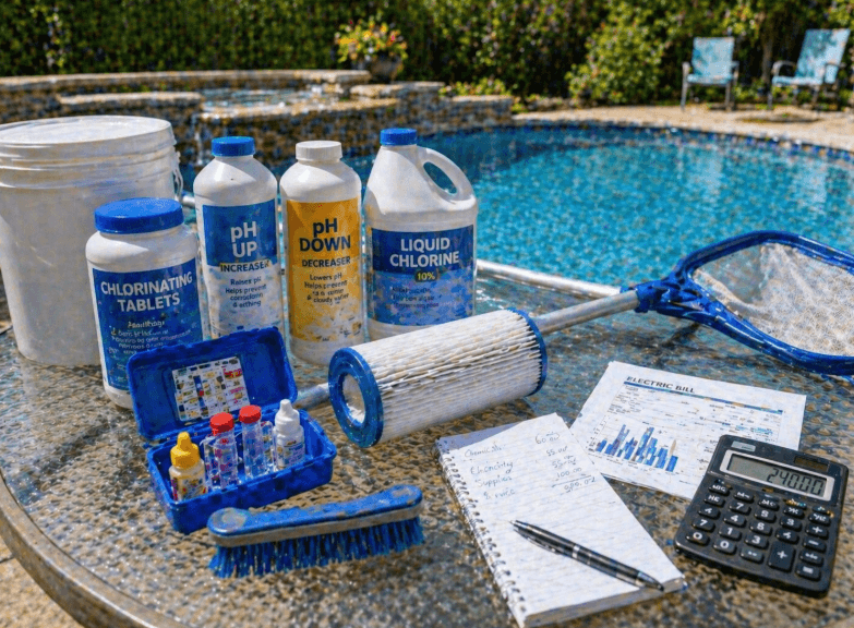 pool cleaning chemicals, test kit, filter cartridge, and maintenance tools arranged beside a backyard swimming pool