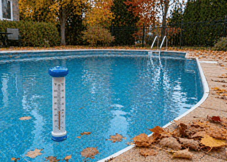 floating pool thermometer in backyard swimming pool with fallen autumn leaves around the deck