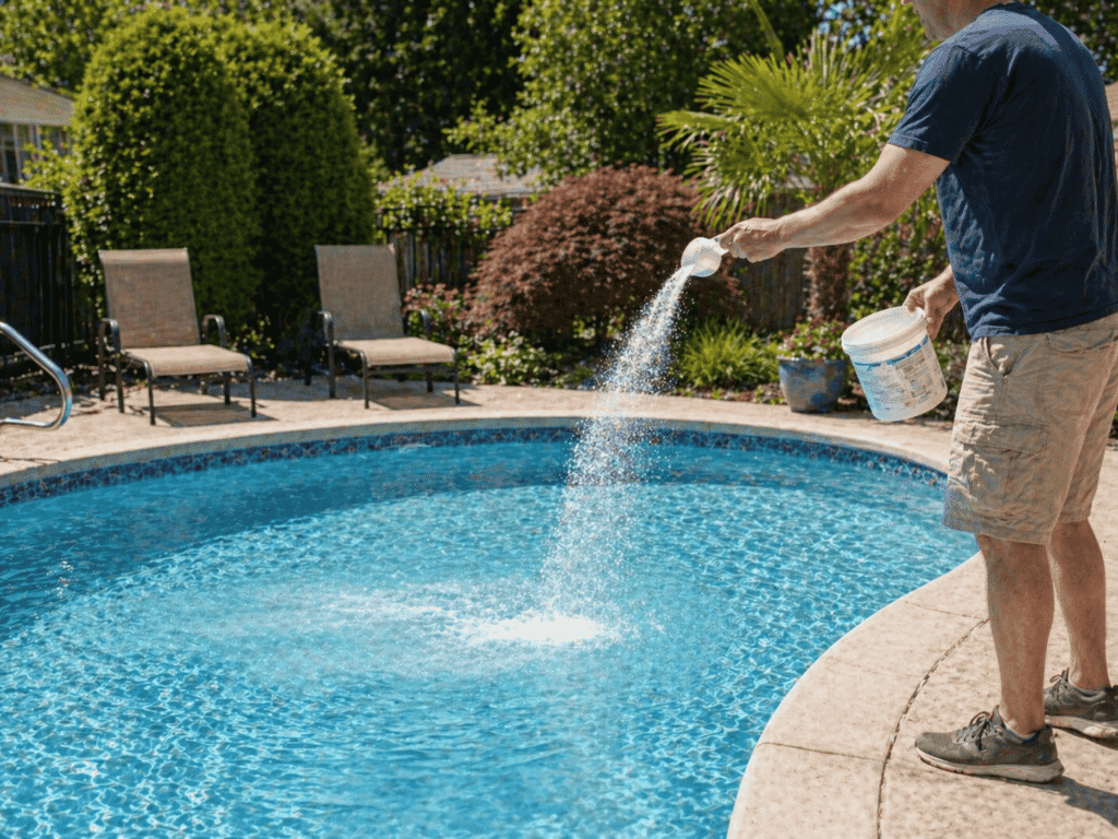 person adding pool chemical powder into a backyard swimming pool for water treatment