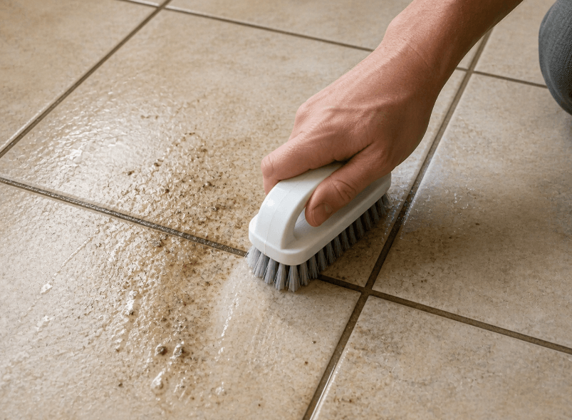 hand scrubbing dirty grout between ceramic floor tiles with a brush and cleaning solution