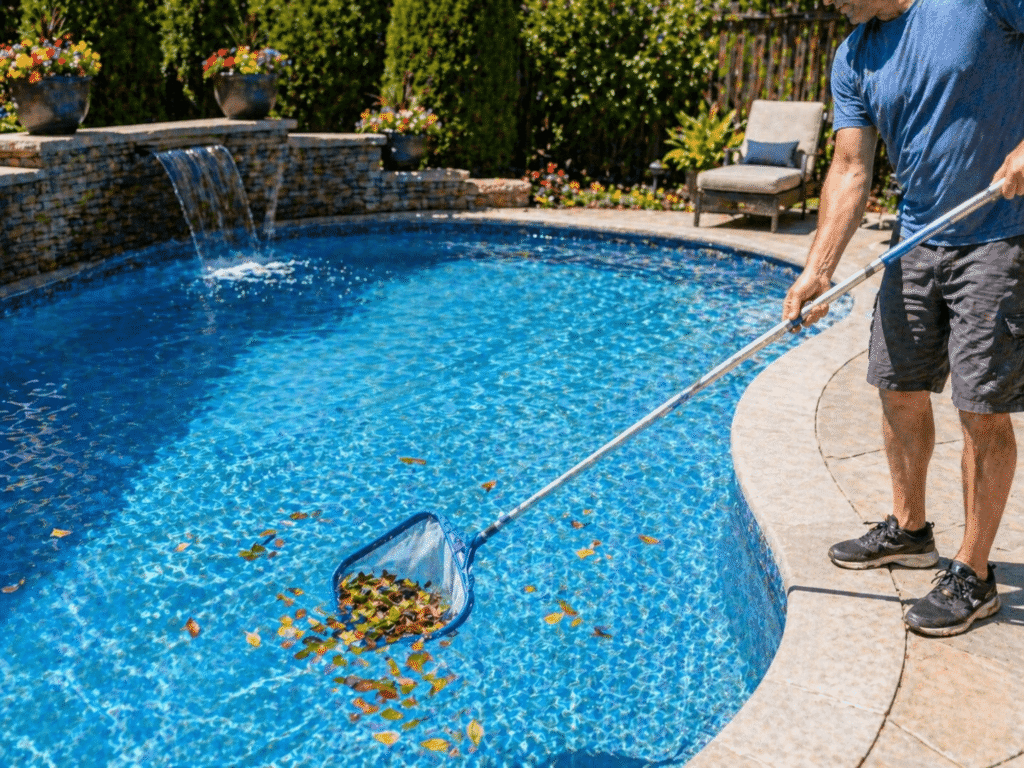 person using a pool skimmer net to remove leaves from a clean backyard swimming pool
