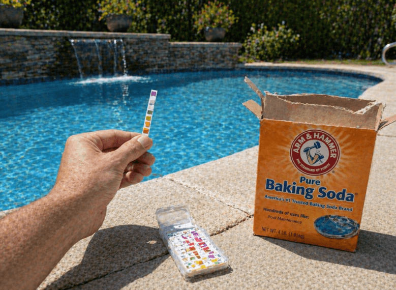 person testing pool water with test strip beside baking soda near a backyard swimming pool
