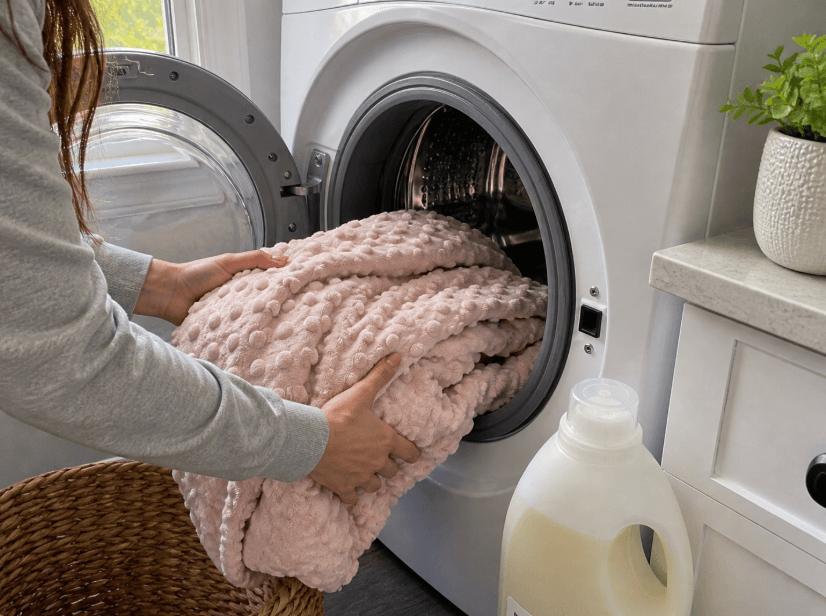 person loading a minky blanket into a front-load washing machine with laundry detergent nearby