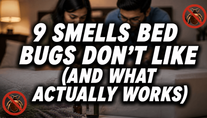 9 smells bed bugs don’t like feature image with couple inspecting mattress and crossed-out bed bug icons