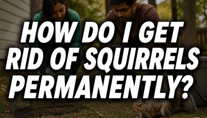 how do I get rid of squirrels permanently feature image with a couple setting a trap and a squirrel in the yard